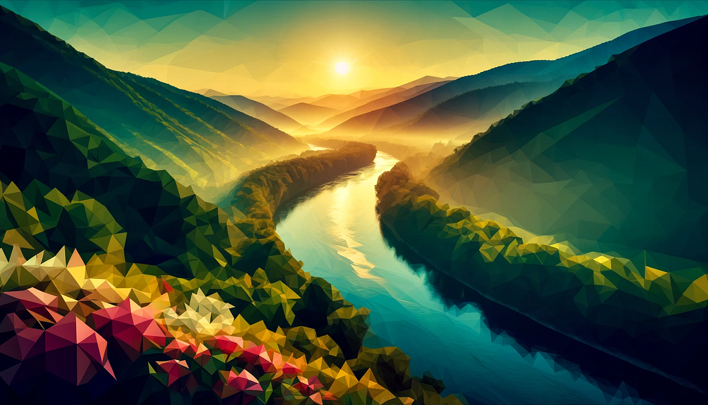 “Appalachian river” with DALL-E and me, Brett :: the low polygon style image of the Appalachian Mountains at sunrise with the river winding through the landscape. This stylized version maintains the tranquil essence while reflecting themes of change and development, perfect for your article’s context.