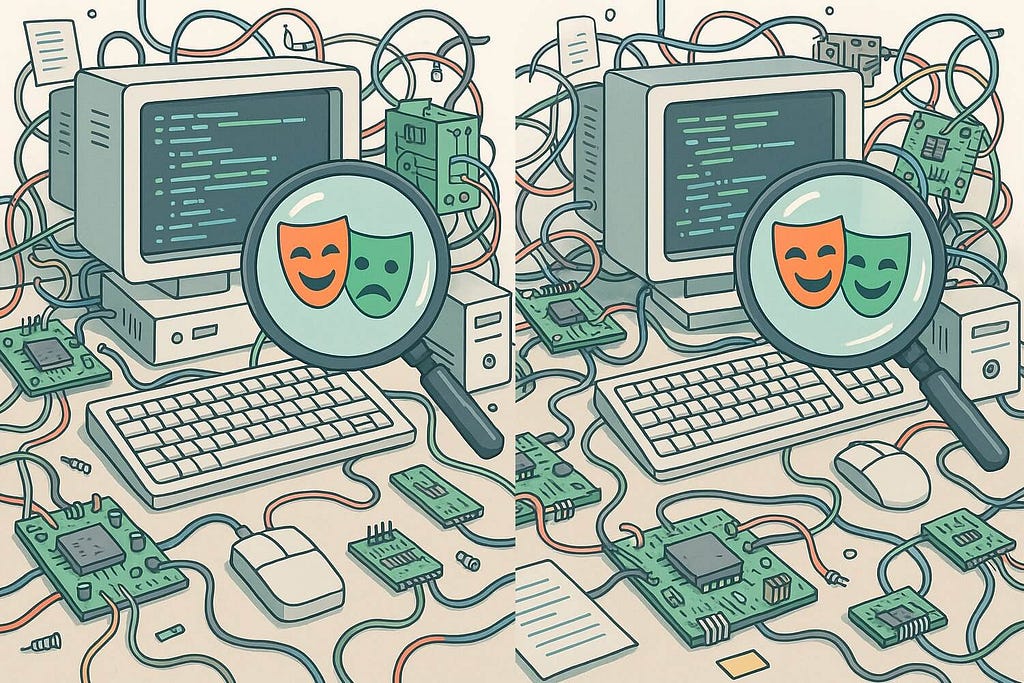 GPT-image-1 prompt: A digital illustration showing a side-by-side comparison of two cluttered desktop scenes, filled with detailed computer parts like circuit boards, wires, monitors, keyboards, CPUs, and code snippets. A large magnifying glass hovers over the images, revealing subtle differences between the two scenes, highlighting the Playwright test framework logo (the red/green comedy/tragedy masks icon).