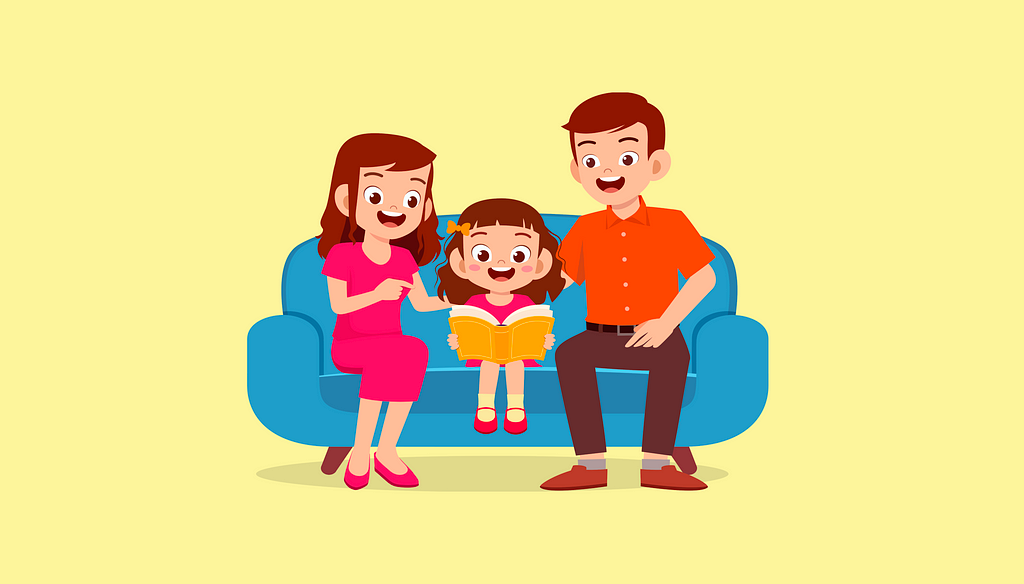 Illustration of a child with her parents
