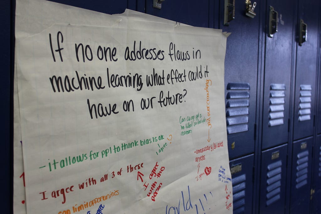 A large piece of paper on high school lockers with the question “if no one addresses flaws in machine learning what effect could it have on our future?” written on it. There are colorful responses written below.