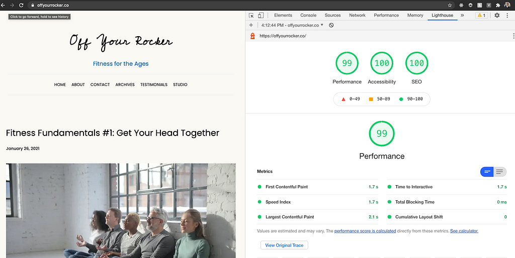Left: Website layout; Right: Lighthouse page performance