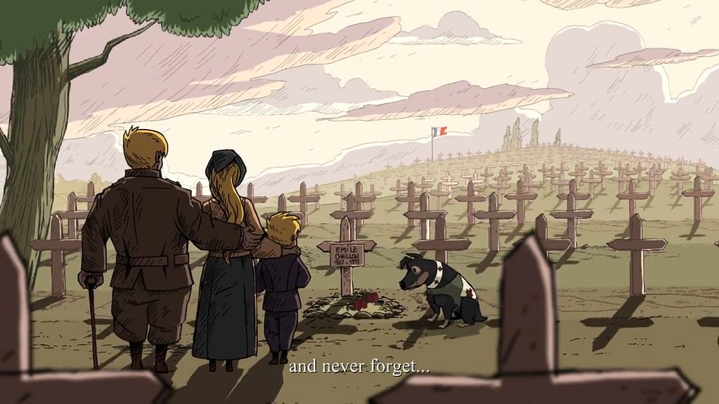 Screenshot from the game Valiant Hearts featuring the characters standing before a cemetery, with the subtitle “and never forget…” displayed at the bottom.