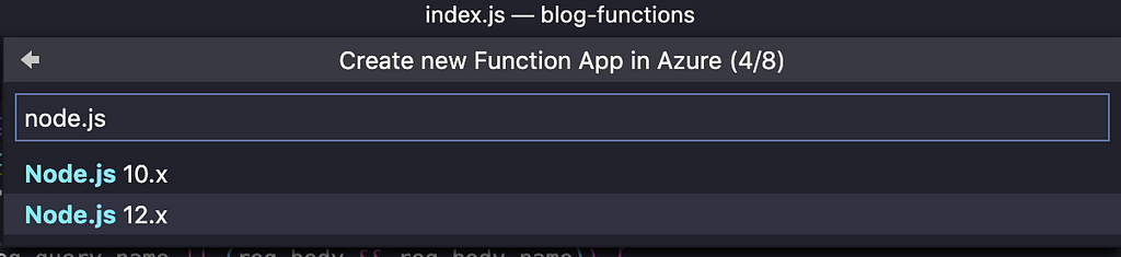 Azure Functions command palette searchbox containing: "Node.js 12.x”