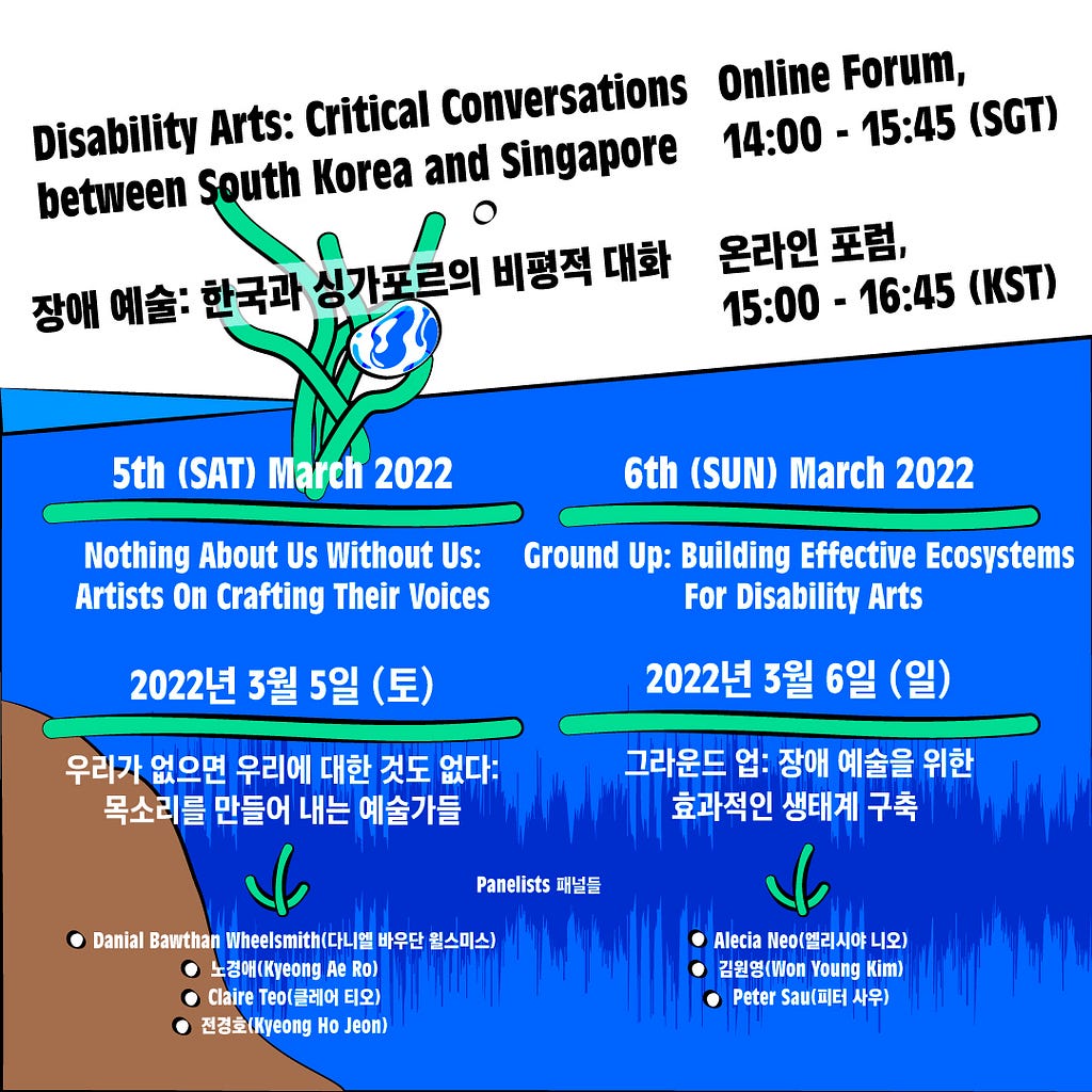 Top one-third of the poster shows black text against a plain white background. The other two-thirds of the poster show white text submerged underwater, against a bright blue background. Graphic elements such as arrows and the underlining of subheaders are treated to resemble seaweed swaying underwater. All the text is in both English and Korean. Header reads: Disability Arts: Critical Conversations between South Korea and Singapore Online Forum, 14:00–15:45 (SGT) Event details and panellists