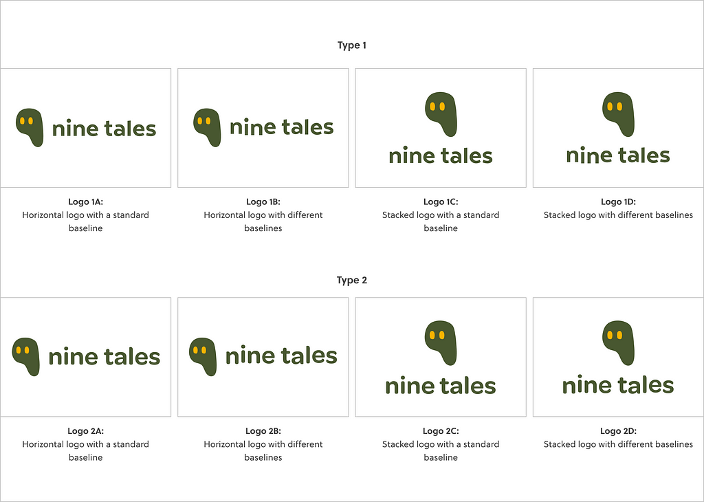 An image showing 8 different logos using 2 typefaces, with 4 different suggestions for each type. Type 1 has more of a jagged and sharp edge to the typeface, and it shows 2 horizontal logos and 2 stacked logos with a standard baseline a staggered baseline. Type 2 looks softer and is more rounded in the edges, and it also shows 2 horizontal logos and 2 stacked logos with a standard baseline a staggered baseline.