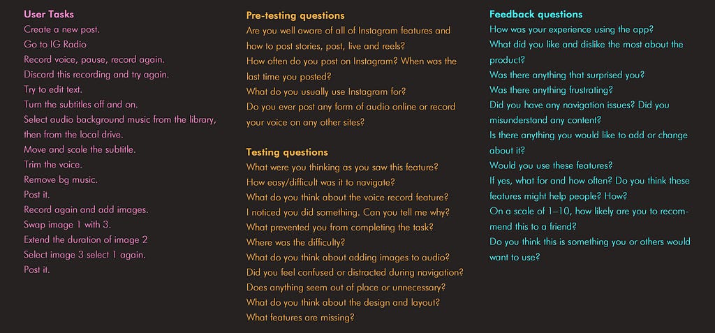 User Tasks & Pre-testing questions