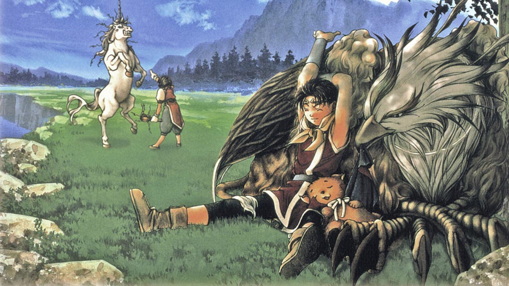 Game Art: Riou lounging against a griffon while Mukumuku sleeps against him, while Nanami and a unicorn fight in the distance