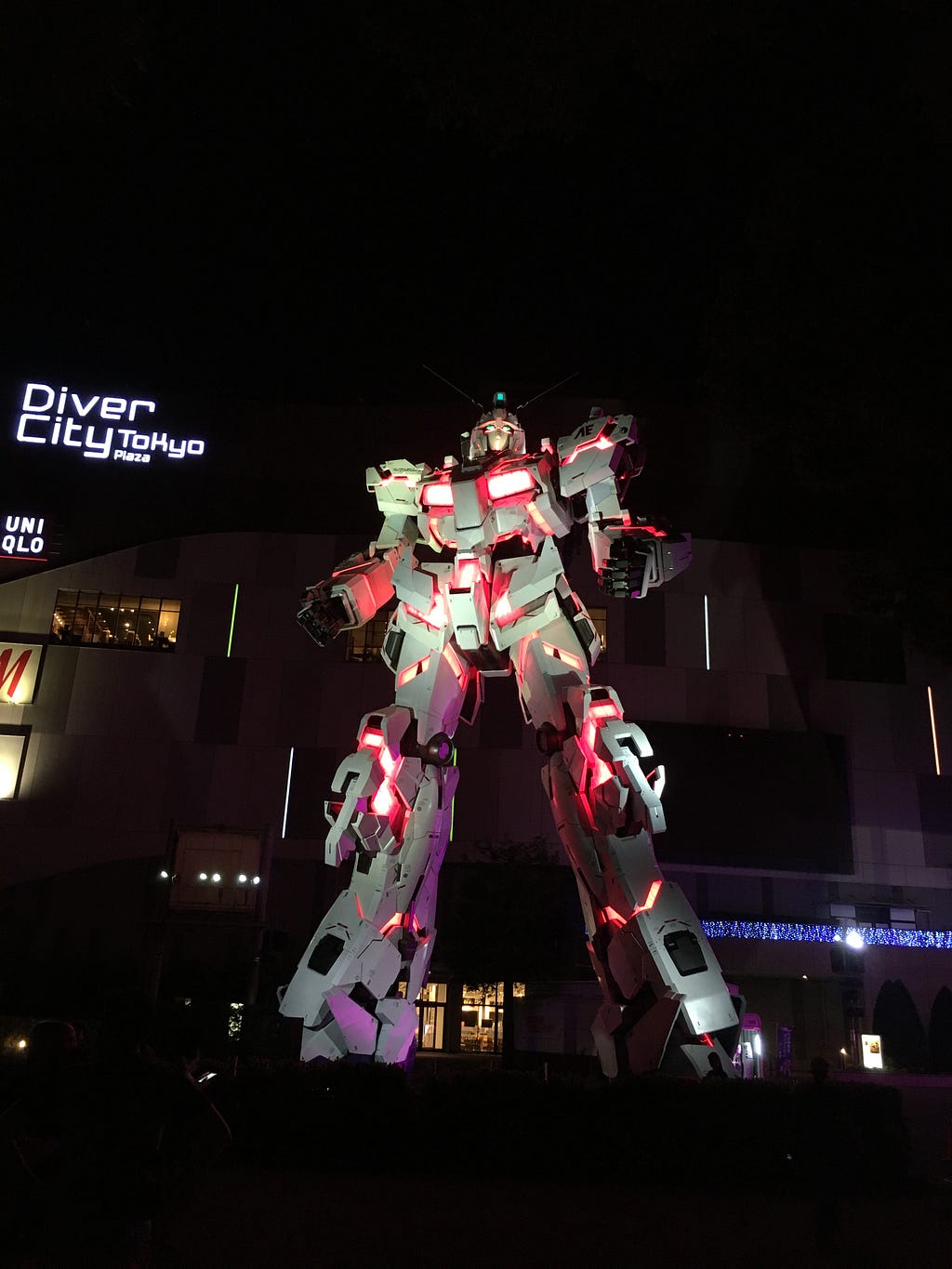 The night view of the Life-Sized Unicorn Gundam Statue at Odaiba, Tokyo