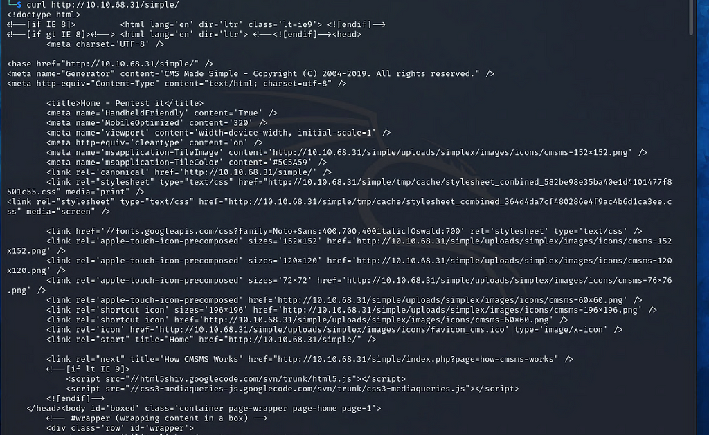 A screenshot displaying the results of the curl command on the target IP Address/simple page.