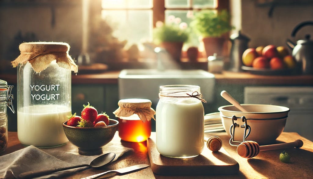 A warm and cozy kitchen scene with a glass jar of homemade yogurt on the counter. Sunlight streams through a window, casting a gentle glow on the jar. Nearby are a bowl of fresh fruits, a jar of honey, and some kitchen utensils. The setting features rustic wooden countertops and potted herbs in the background, emphasizing the simplicity and satisfaction of making homemade yogurt.