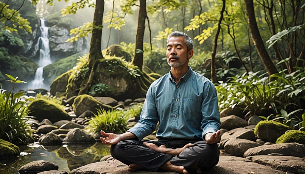 Oriental man in meditative pose, in woodland scene
