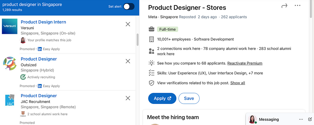 A list of product design job postings on LinkedIn