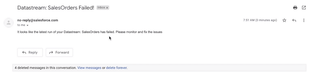 A screenshot of an error message email.