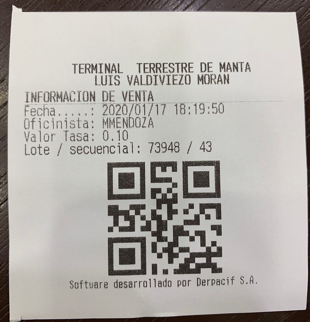 Receipt from purchasing the bus terminal tax with bar code and information of the sale.