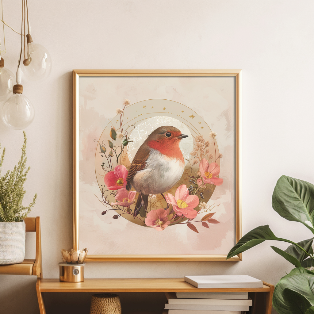 Bohemianism illustration of a bird with flowers around, dreamy pastel color of light pink and amber and gold — personalize jlldkcg