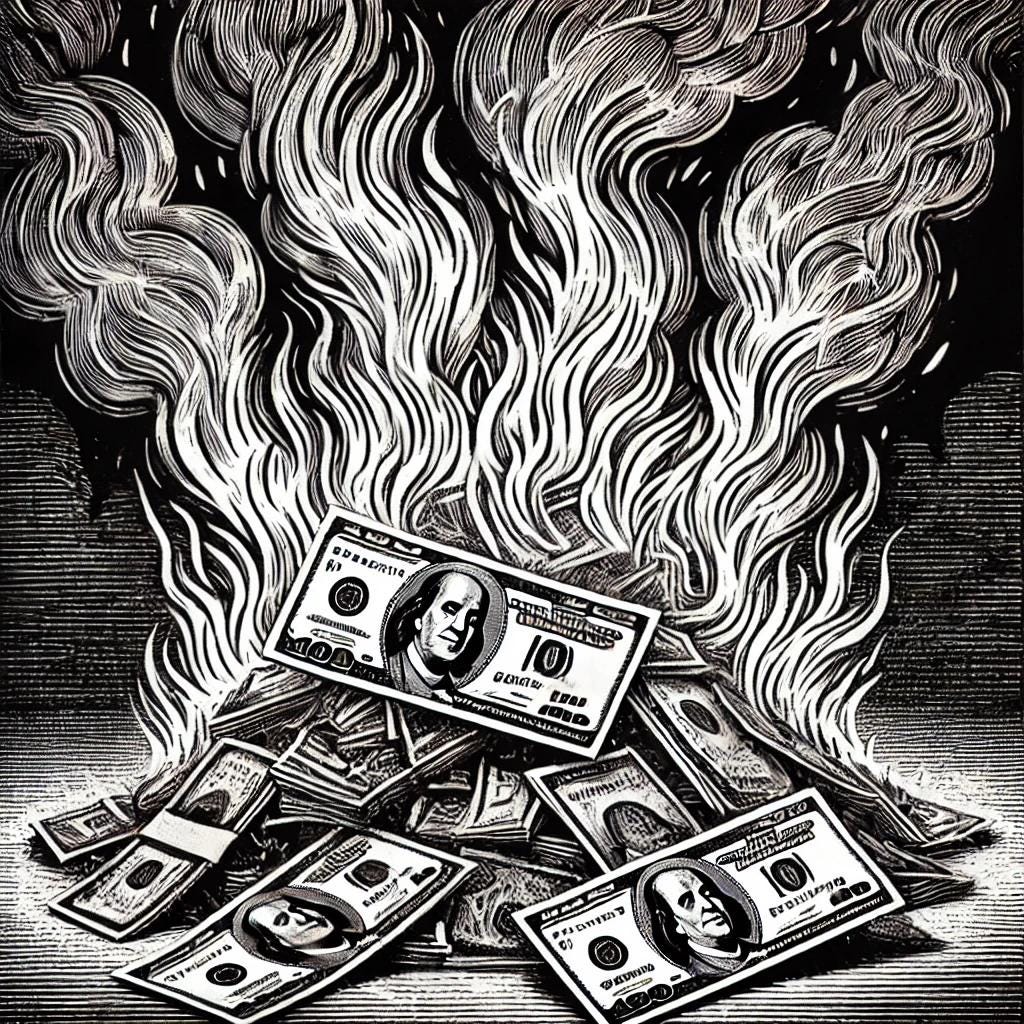 A bonfire of money, showing $100 bills burning, in etchning format