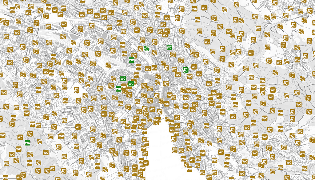Modified map of a public toilet system in Zurich with ridiculous amount of public toilets.