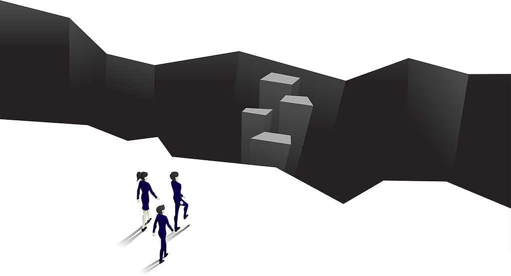 Illustration of three business people approaching a gap with a few stepping stones bringing them to the other side.