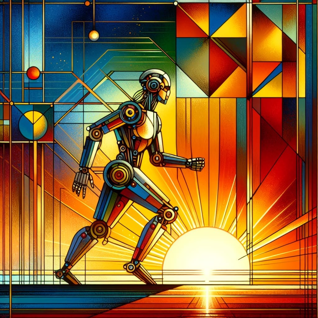 Robot running towards the rising sun