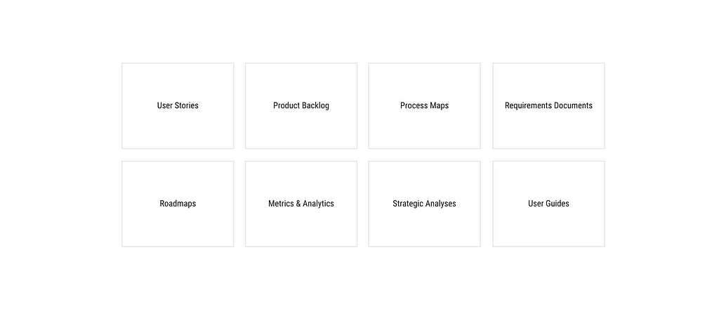 A number of boxes illustrating key assets produced by business analysts