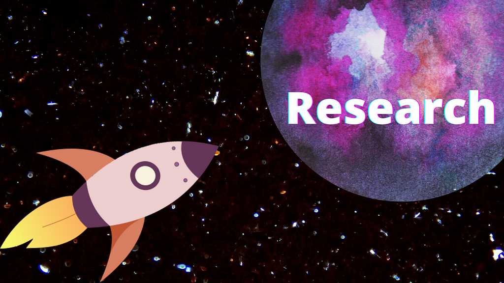 Graphic of a rocket launching towards a purple planet which says ‘research’ on it