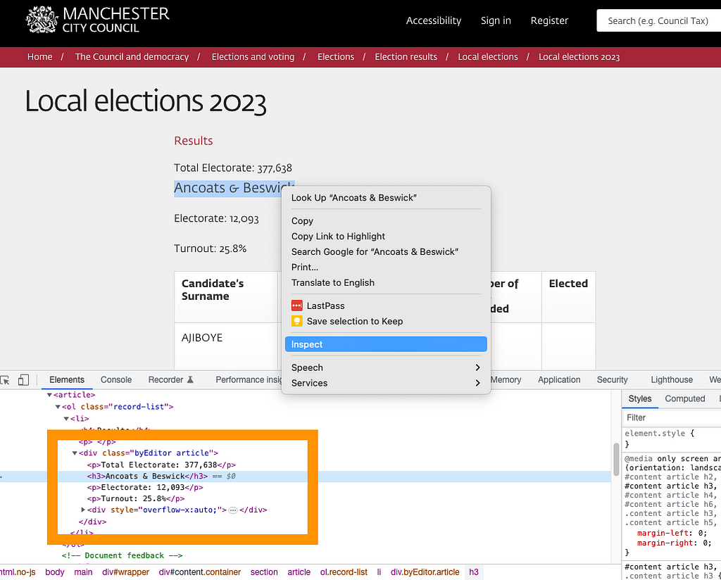 A screenshot of chrome to illustrate how using the developer options in a browser is a good way to identify tags to use in Xpath.