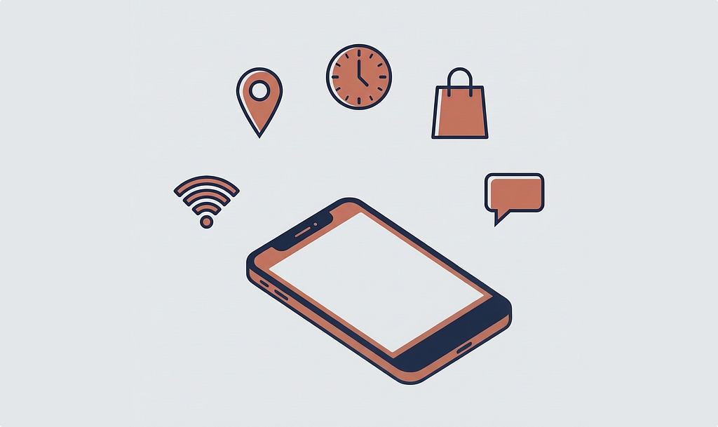 Flat vector illustration of a smartphone surrounded by floating icons representing location, time, shopping, messaging, and connectivity, suggesting the range of data a phone passively collects.
