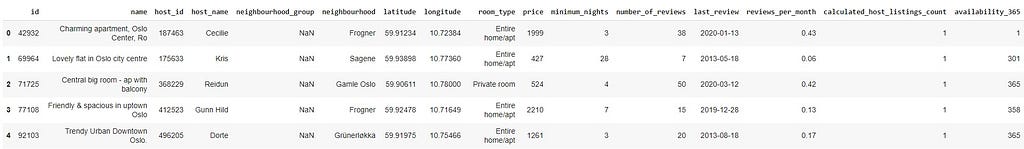 5 Primeiras entradas do DataSet do Airbnb sobre Oslo — Norway