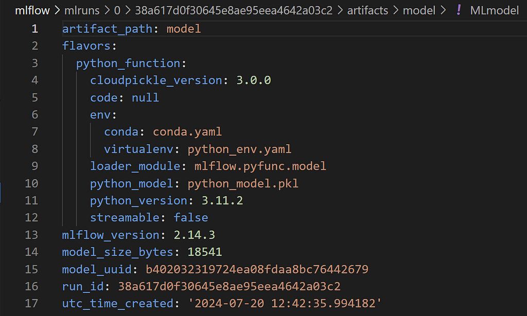 screenshot of the contents of the MLModel file in the artifacts folder