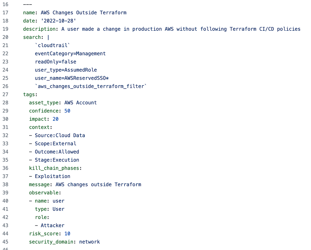 A formatted YAML file demonstrating an alert written to use the KRANG tool, including risk confidence & impact, context of the alert, and alertable object, in this case the user