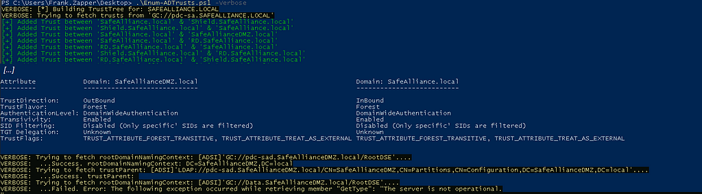 Using the -Verbose flag in the Enum-ADTrusts.ps1 PowerShell tool