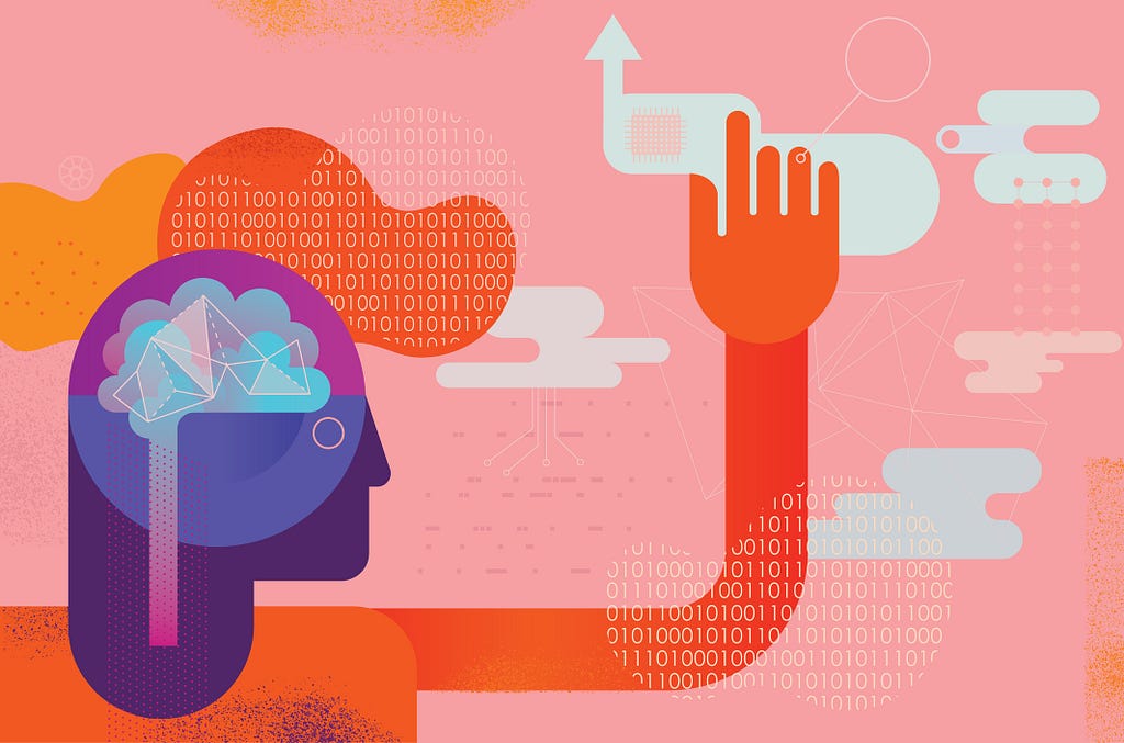 Colorful graphically illustrated image of a human figure with overlay of colored head and mind shapes, reaching up into what looks like data clouds and shapes representing ideas.