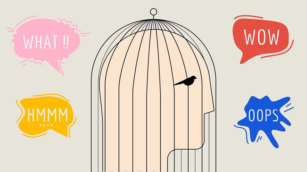 An abstract, colourful illustration of someone’s head in a cage, referencing to being prisoner of our own minds