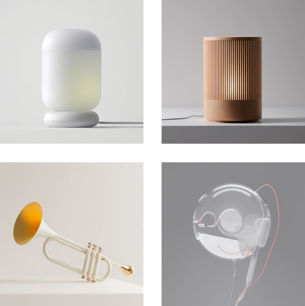 Examples of other objects rendered with this method. Two lamps, a trumpet and an abstract device are being featured here.