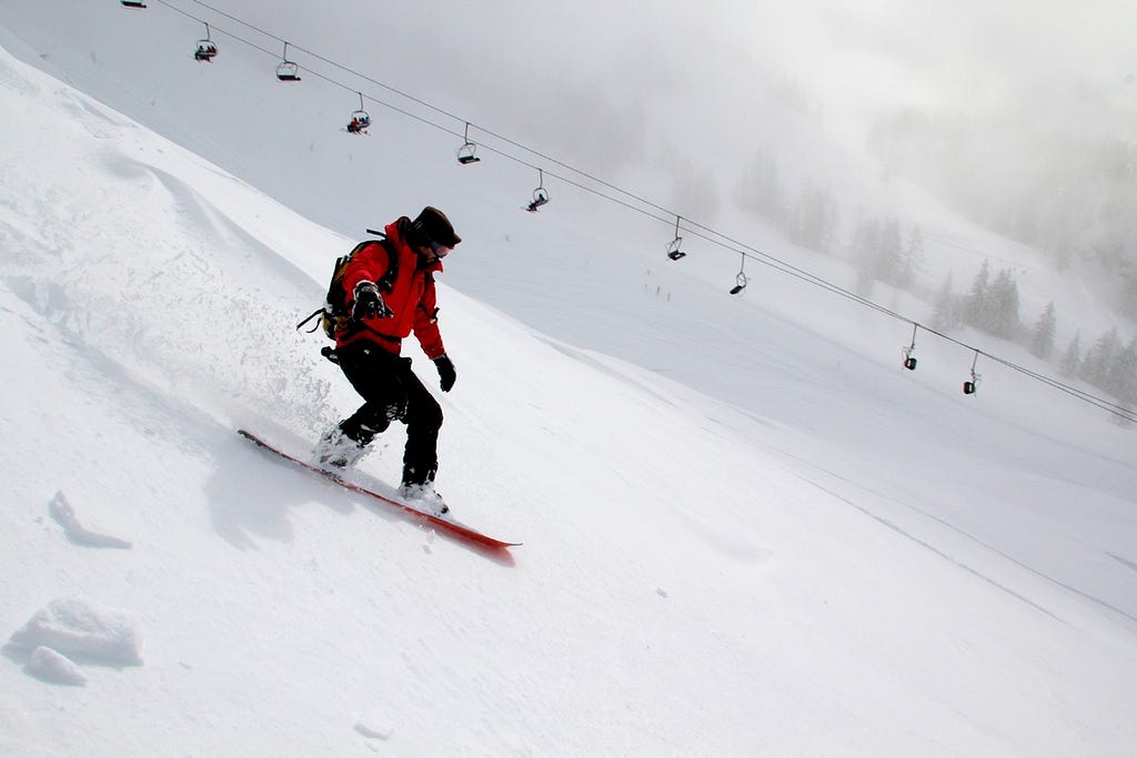 Snowboarder Skiing down an easy slope