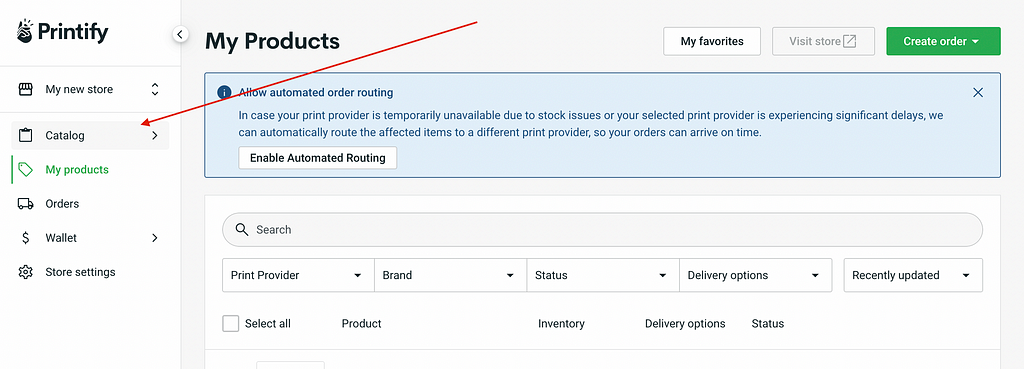 Printify dashboard with arrow pointing to product “catelog”