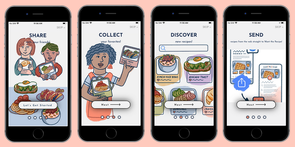Four side-by-side iPhone screenshots displaying the interface design of the recipe sharing app, Want The Recipe