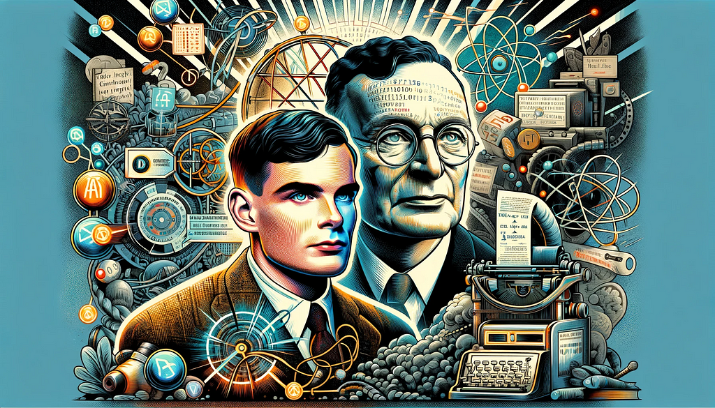 Montage image featuring Alan Turing with WWII code-breaking elements and J. Robert Oppenheimer with atomic-era symbols, set against a background of digital AI elements and historical motifs, symbolizing ethical challenges in technology development.