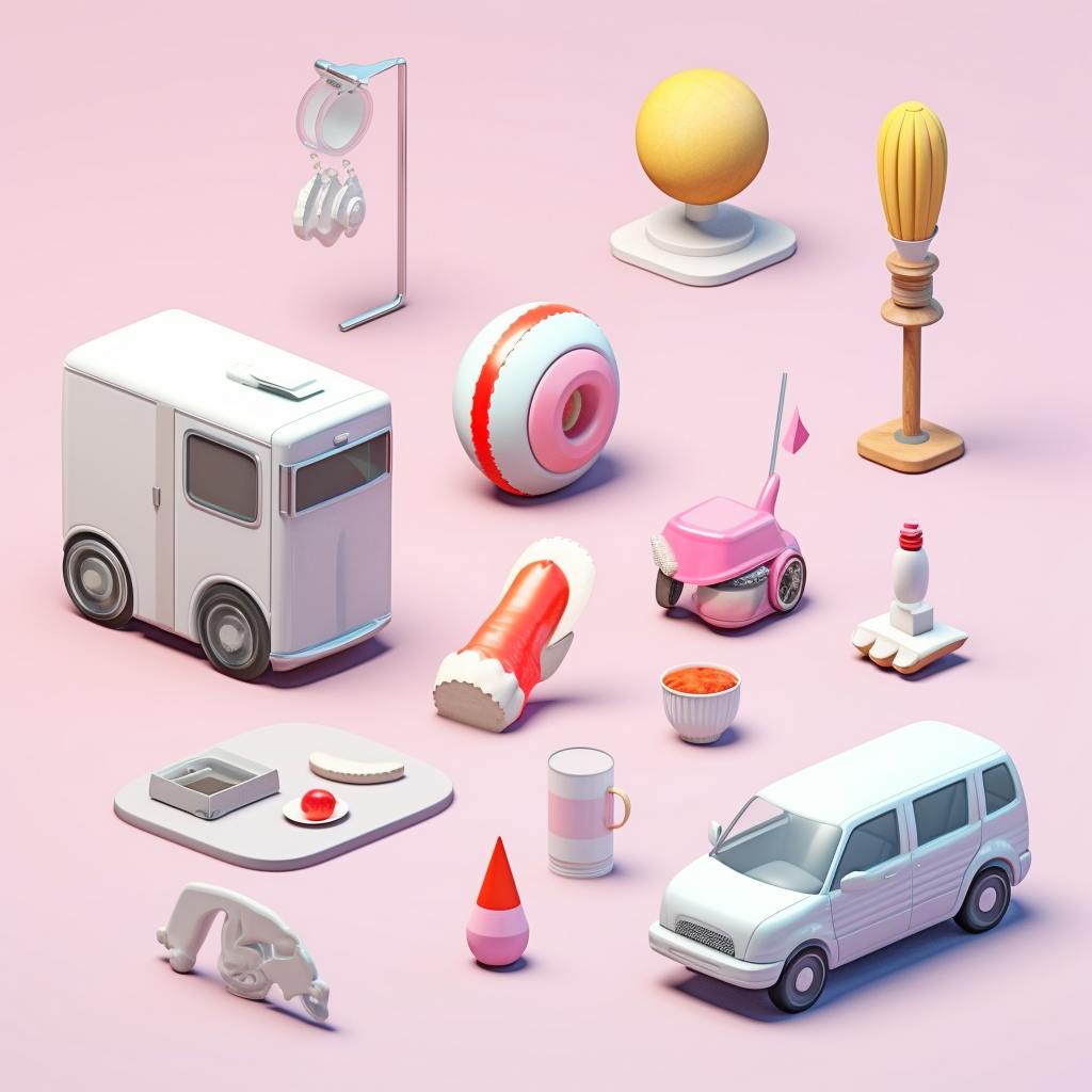 A 3D style with pink background with objects looks like toys