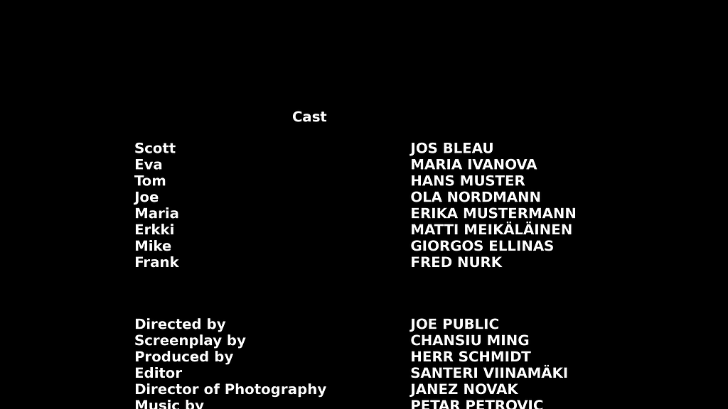 An example of rolling credits at the end of a movie or television show. A black background with white text displaying the name of the character and the actor, as well as the crew role and person.