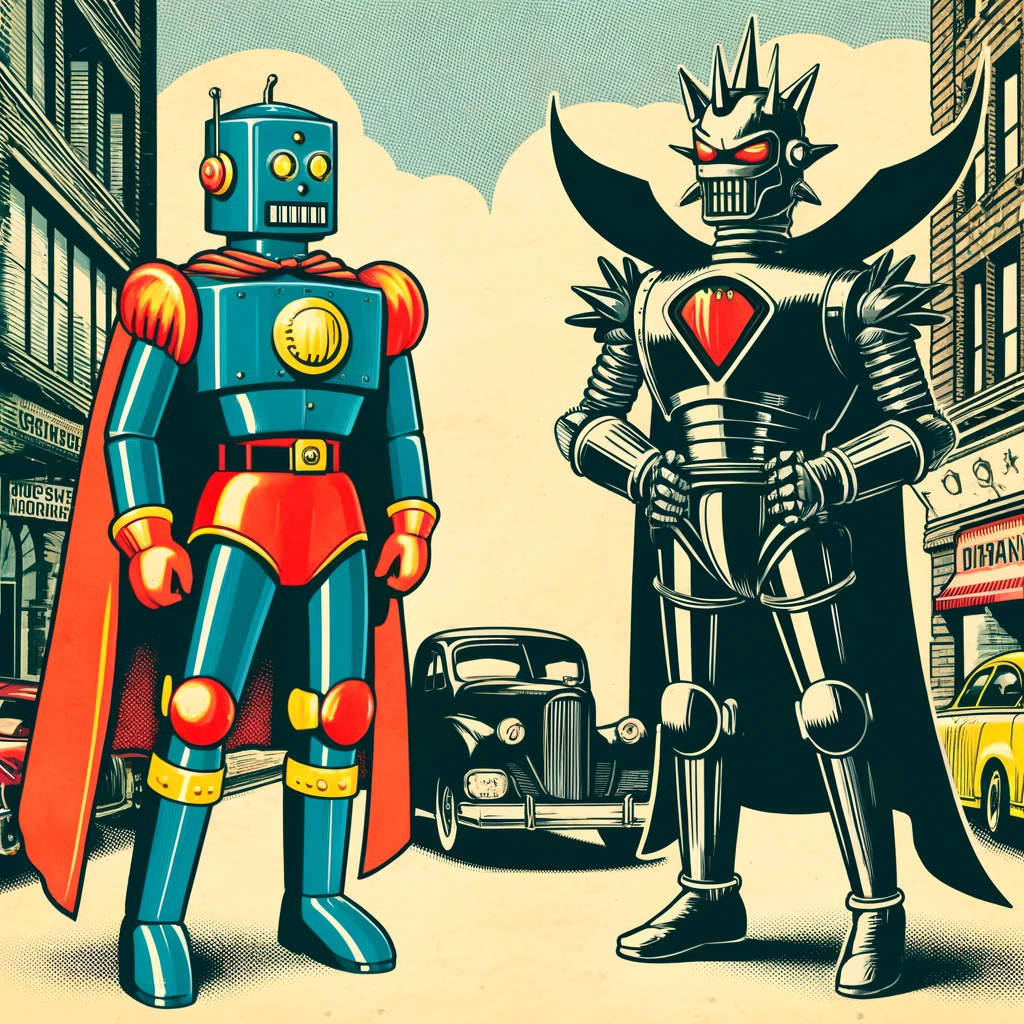 Super hero AI robot vs super villain AI robot
