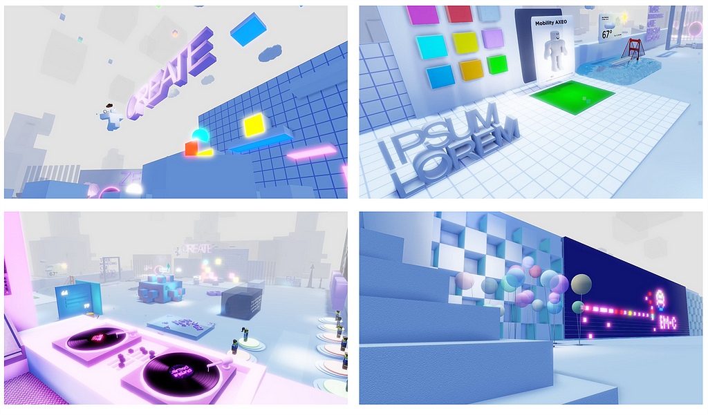 4 screenshot tiles that display a specific corner in the final virtual environment: DJ booth, Building blocks for co-creation