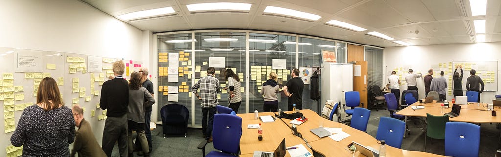 Team members working in pairs and clustering how might we statements written on sticky notes