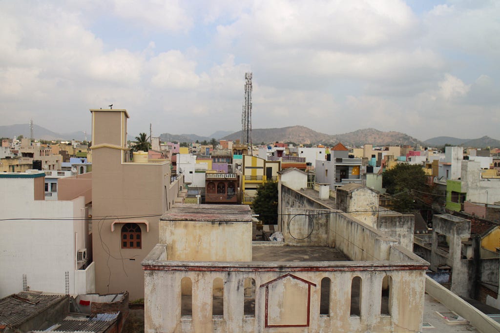 A photo of a small town in India taken from a rooftop.