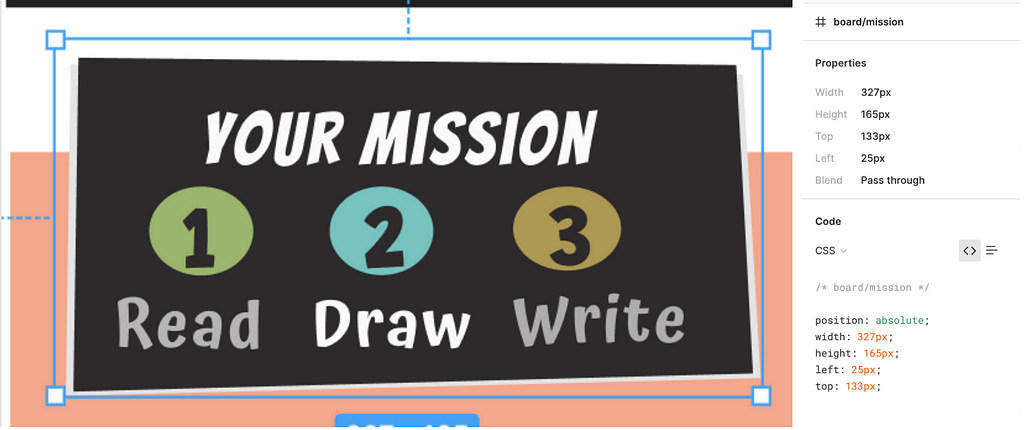 A screenshot of a Figma mockup with the words “Your Mission” in a thick, white font, and the numbers 1, 2, and 3 and Read, Draw, and Write underneath each number that sits in a colored oval with the corresponding CSS code block to the right of the I,age