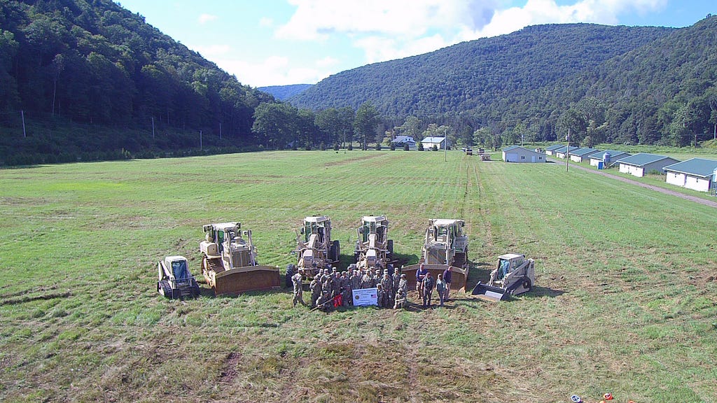 An aerial photo of a group of soldiers in a field with heavy equipment