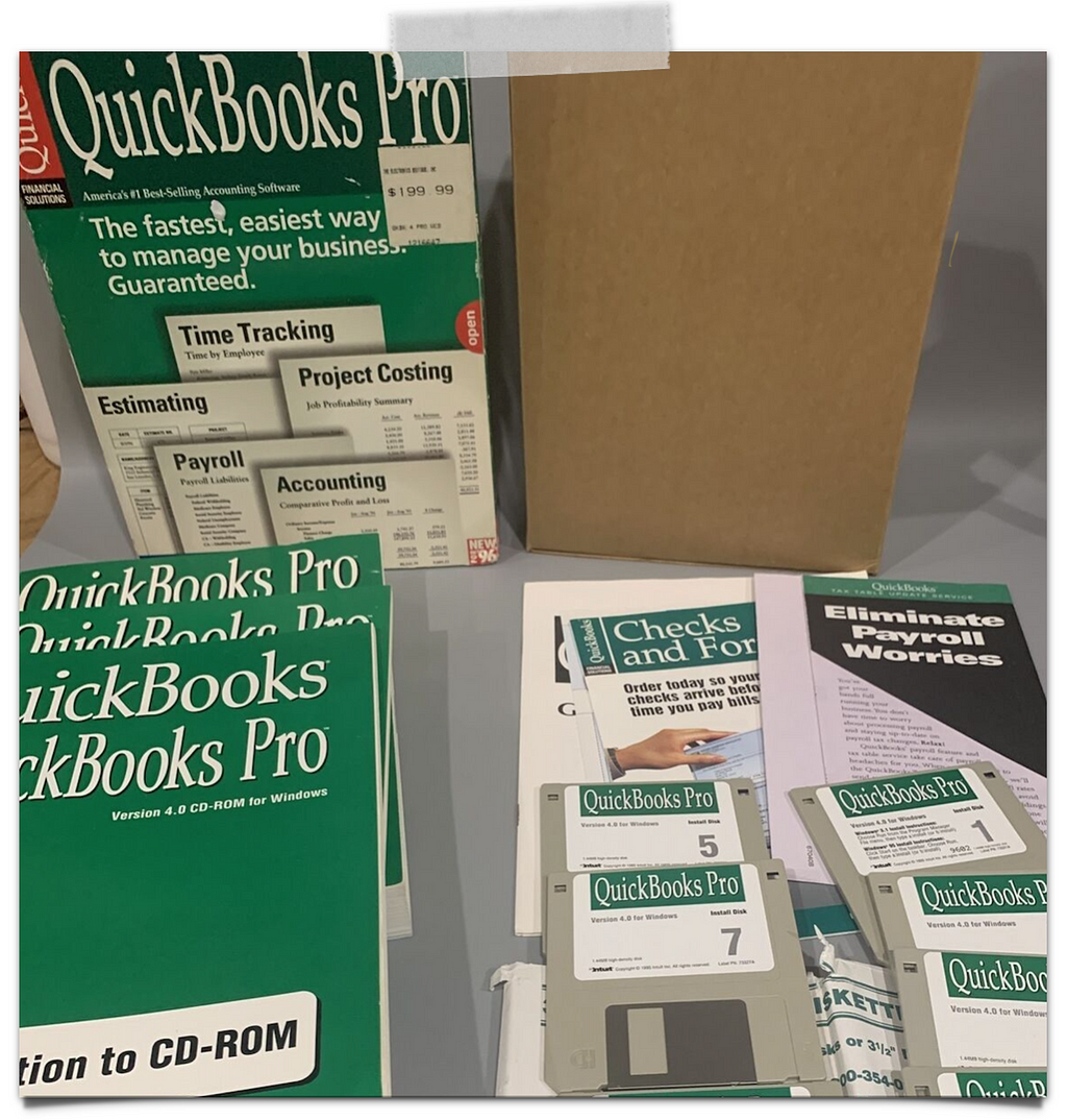 QuickBooks, a popular accounting software, sold on floppy disks in the 1990s.