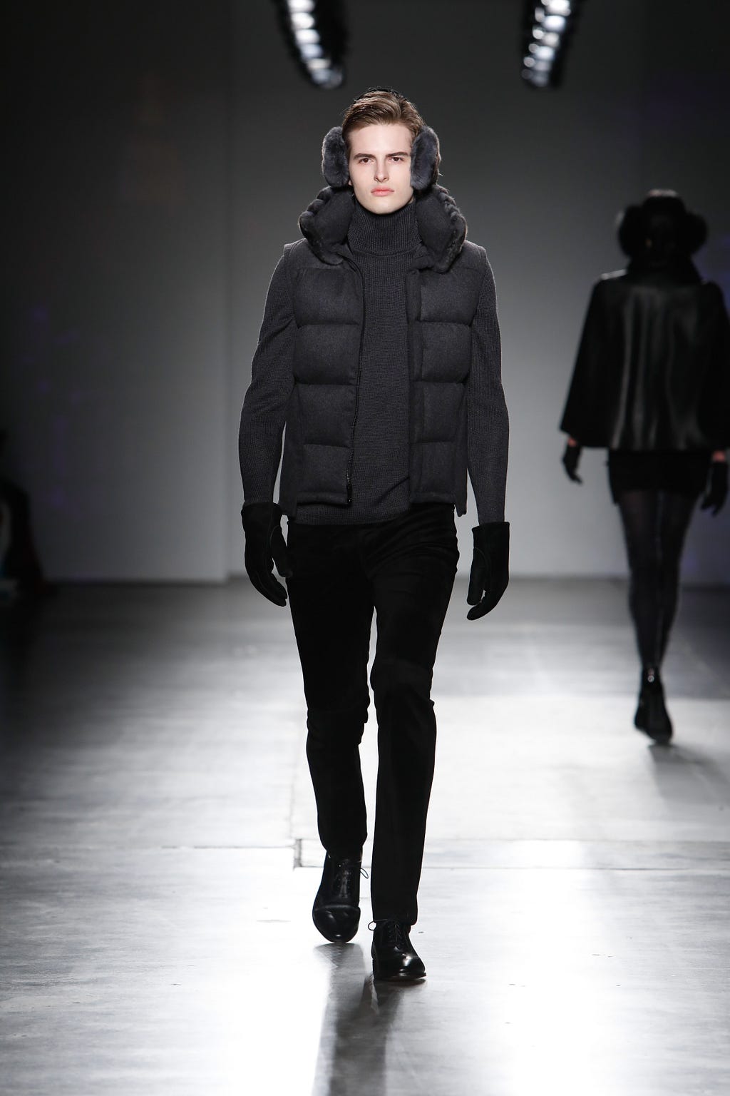 Charcoal Loro Piana Cashmere Zibeline Quilted Vest with Charcoal Chinchilla Collar, Handloomed Cashmere Turtleneck