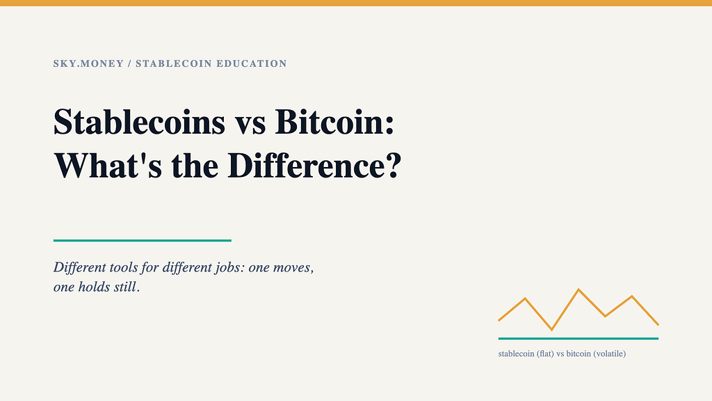 Header: Stablecoins vs Bitcoin, what’s the difference. Different tools for different jobs, one moves, one holds still.