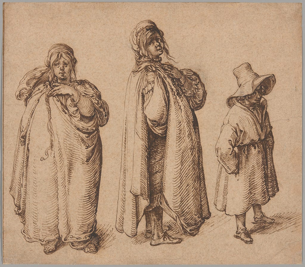 Sketch depicting two Roma women and a Roma child wearing a hat standing to the right of the women.